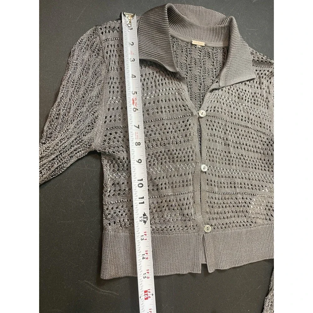Free People Dark Gray Open Knit Button Front Long Sleeve Cropped Cardigan XS